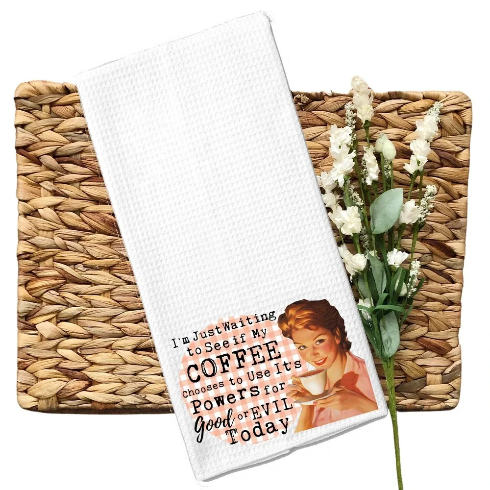 Funny Retro Coffee Powers Good or Evil Waffle Weave Kitchen Towel White